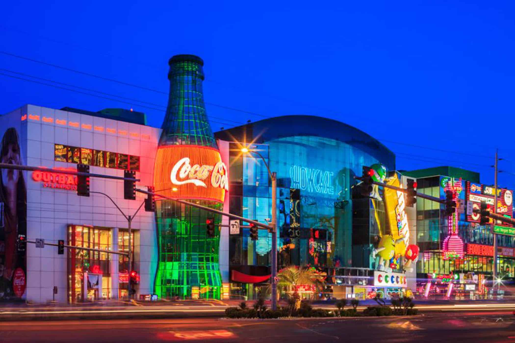 night time view of Showcase I in Las Vegas with Outback, Coca Cola store, and the M&M's store